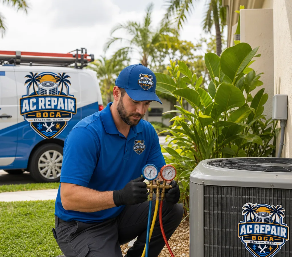 Technician servicing a residential outdoor condenser unit in Boca Raton with gauges and hand tools