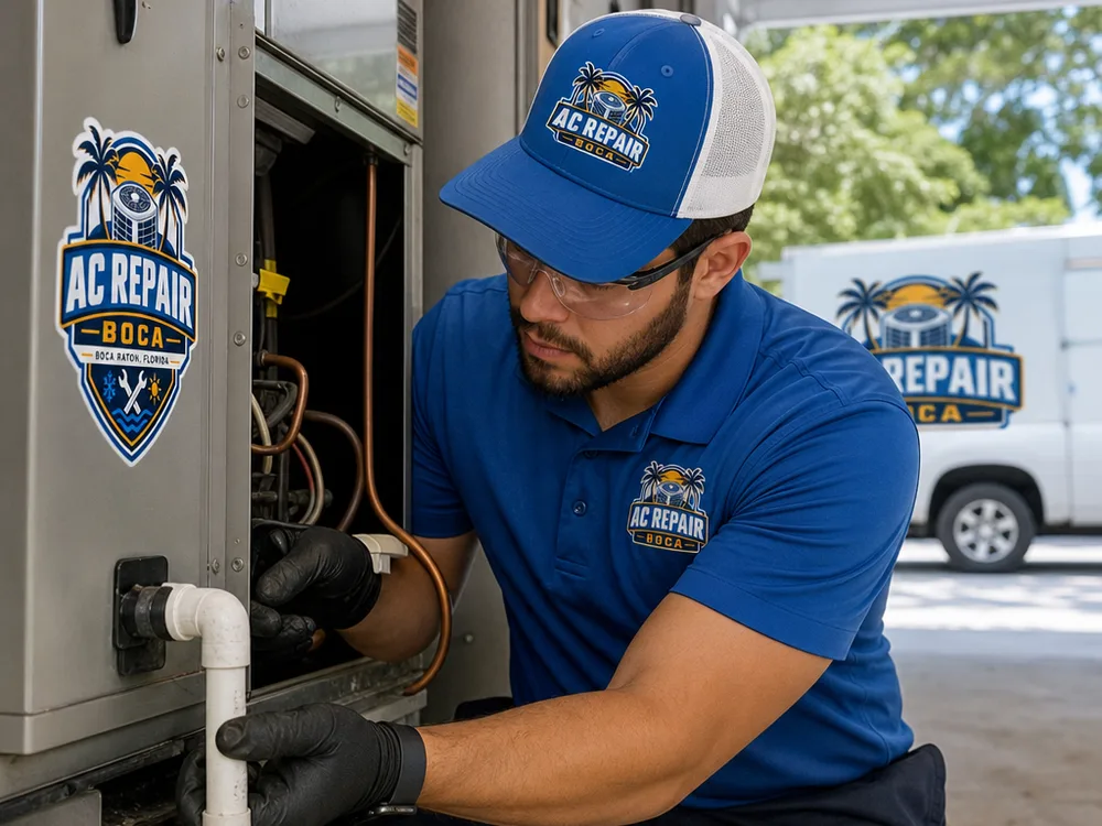 HVAC technician inspecting an air handler and condensate line for leaks and drainage