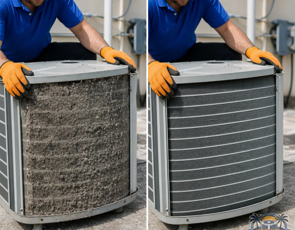 Comparison of a clogged evaporator coil before cleaning and the same coil after professional cleaning