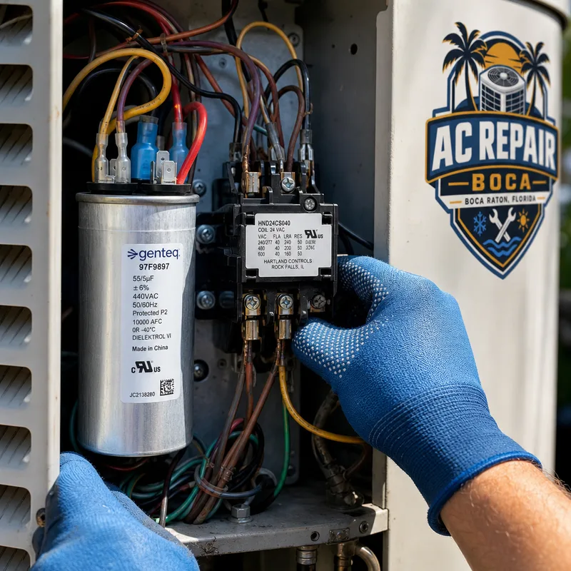 Replaced dual run capacitor and contactor inside a safely isolated condenser electrical compartment
