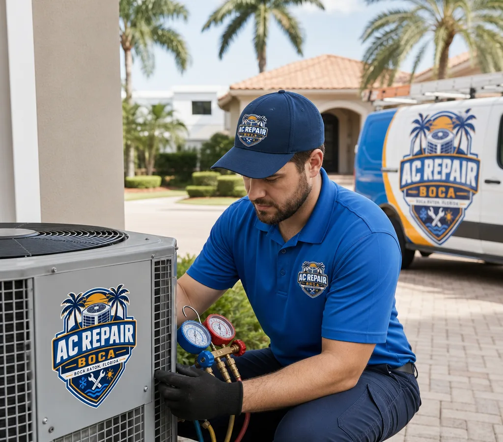 Technician servicing an outdoor condenser and checking refrigerant gauges at a Boca Raton home