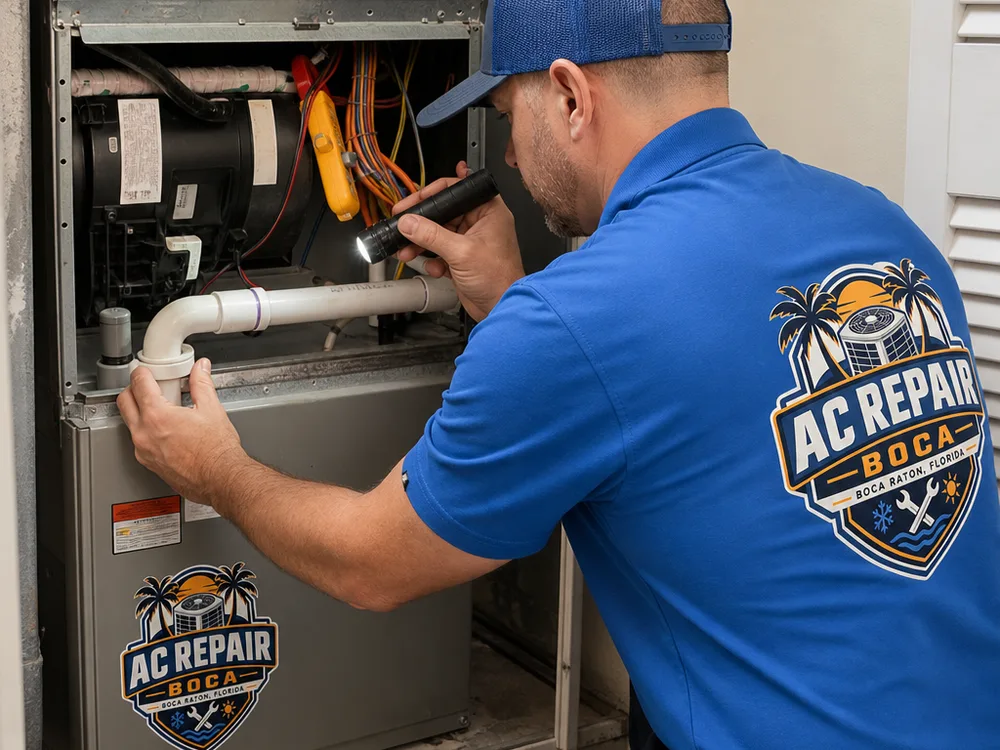 HVAC technician inspecting an open air handler, condensate drain, and float switch in a Florida utility closet