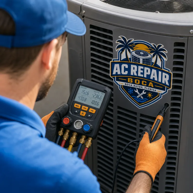 HVAC gauges and temperature probes connected to a residential system while a technician takes diagnostic readings
