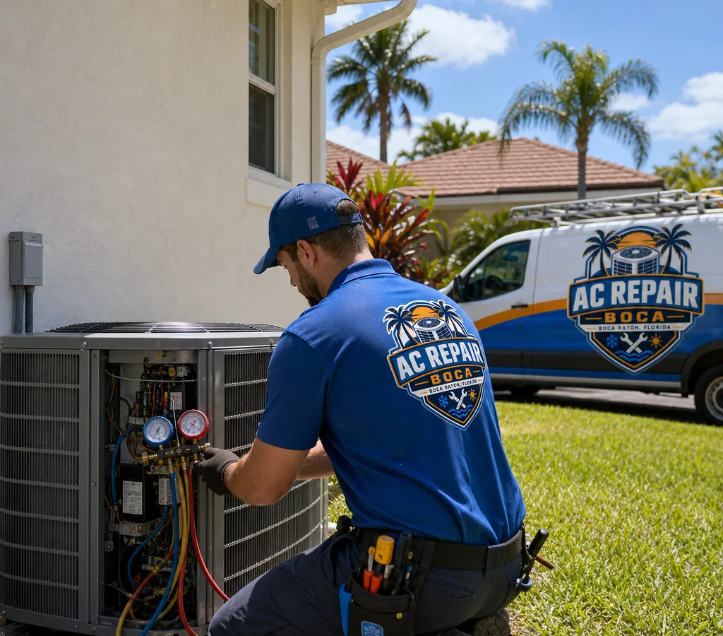 Technician servicing a residential outdoor condenser beside a Boca Raton home with gauges attached and the service panel open