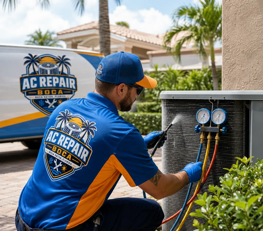 Technician servicing an outdoor condenser at a Boca Raton home with gauges attached and coil cleaning underway