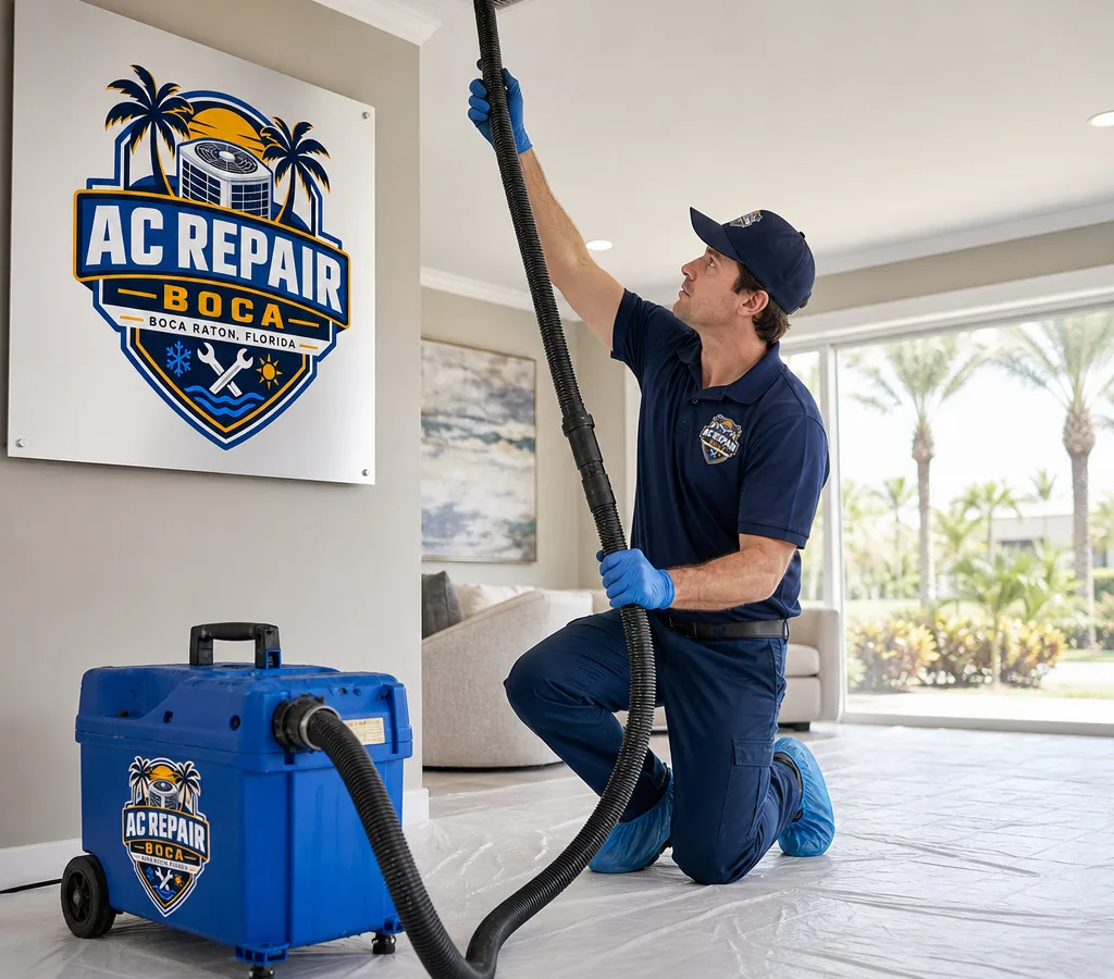 Technician vacuuming a residential supply vent with negative-air duct-cleaning equipment and protective floor coverings in a Boca Raton home