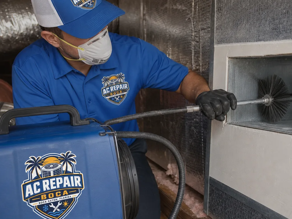 Negative-air machine connected to residential ductwork while a technician cleans a supply run with a rotary agitation tool