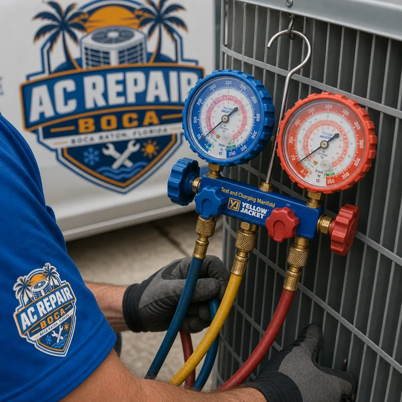 Manifold gauges connected during refrigerant diagnostics with neat hose routing