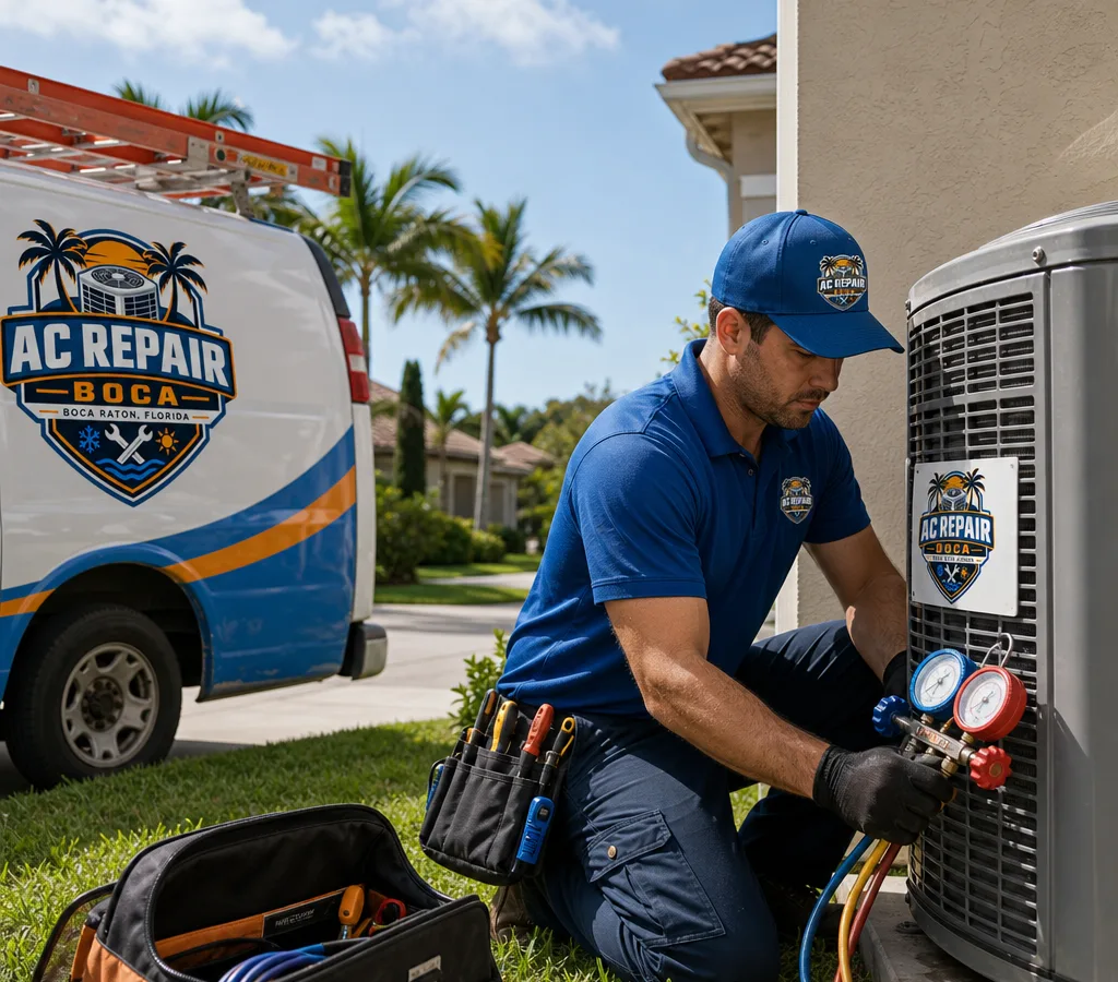 Technician servicing an outdoor condenser unit at a Boca Raton home with gauges and tools visible