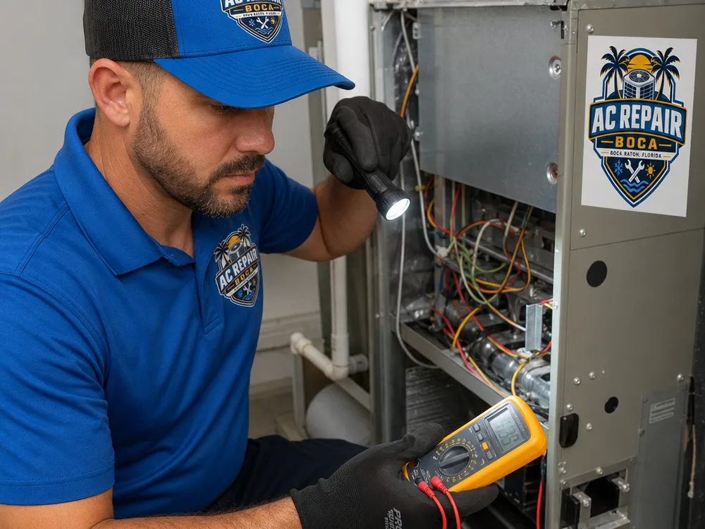 Technician carefully inspecting an indoor air handler with a flashlight and multimeter