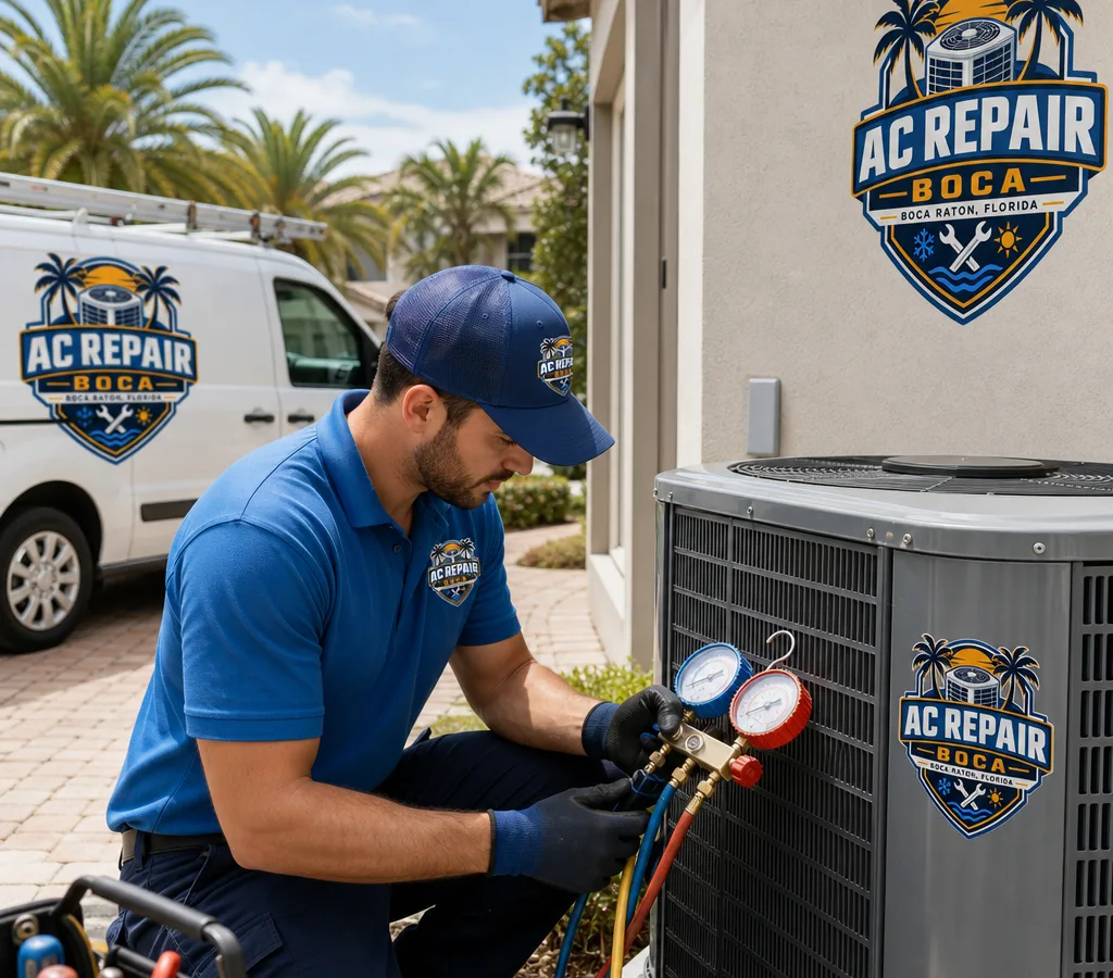 Boca Raton HVAC technician diagnosing an outdoor condenser beside a single-family home