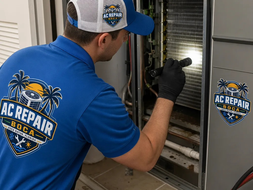 HVAC technician inspecting an air handler, evaporator coil, and condensate area with a flashlight