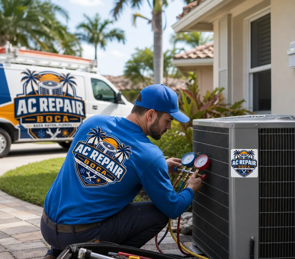 Technician performing routine AC maintenance on an outdoor condenser beside a South Florida home