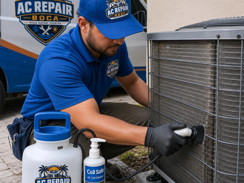 Technician cleaning an outdoor condenser coil and inspecting its fins with coil-safe supplies nearby