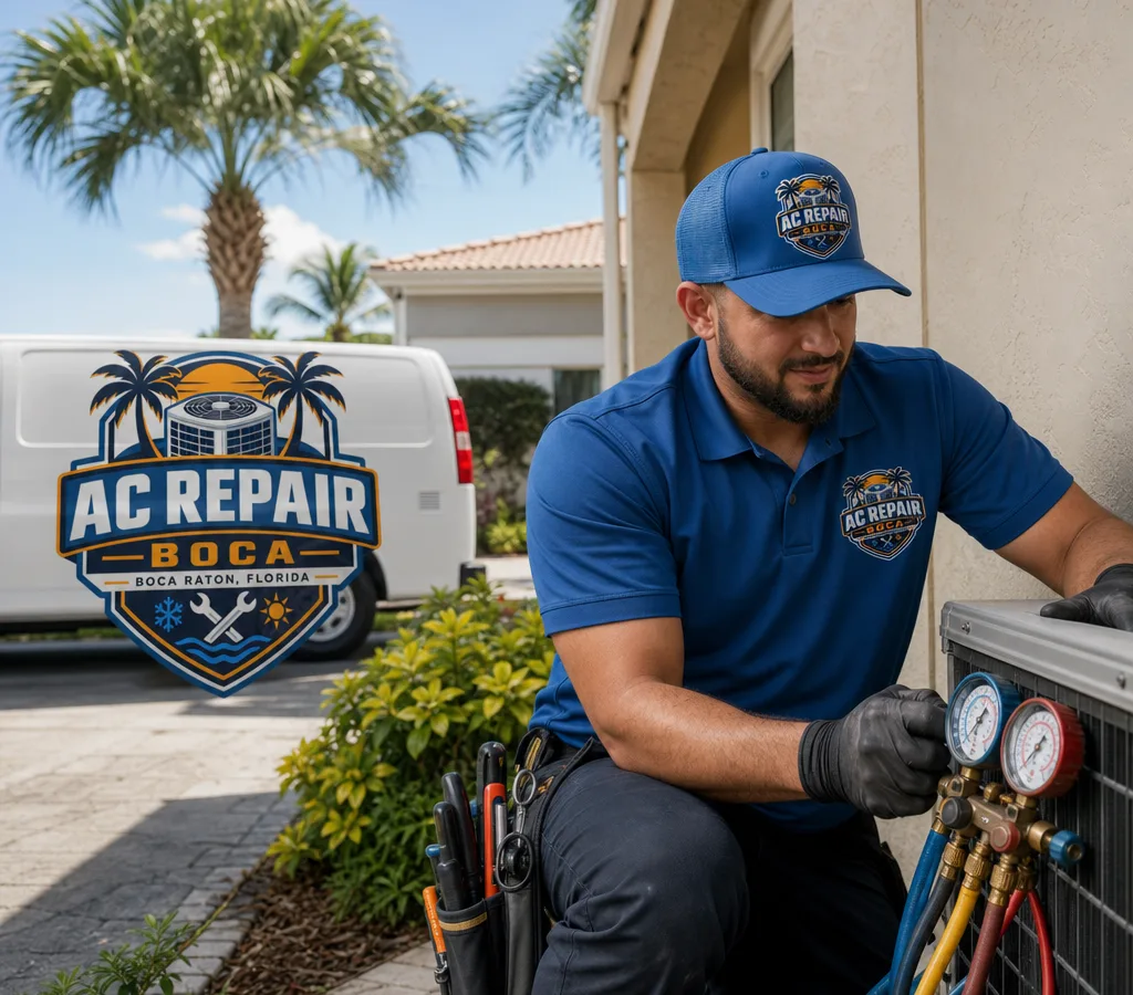 Uniformed HVAC technician repairing an outdoor condenser beside a Boca Raton home with gauges and hand tools