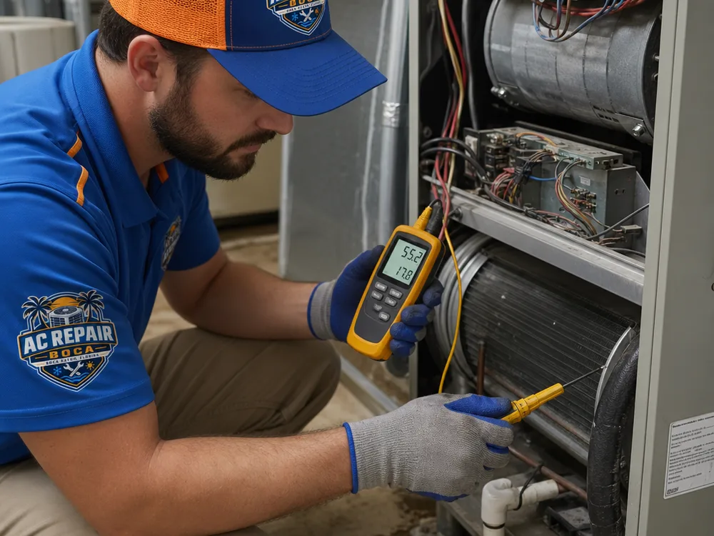 Technician measuring supply and return temperature at an air handler while inspecting the evaporator coil and condensate drain