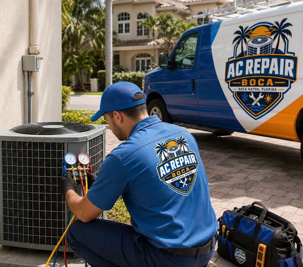 Technician checking an outdoor condenser during an urgent no-cooling call at a Boca Raton home