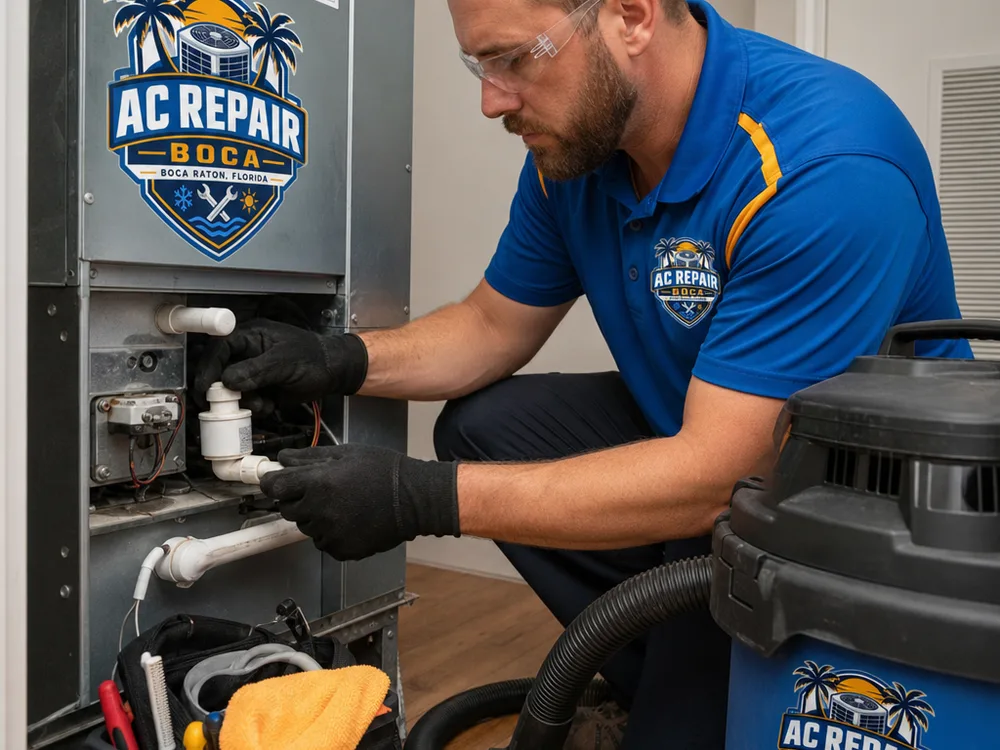 HVAC technician inspecting an air handler condensate drain line and float switch during an emergency water-leak shutdown