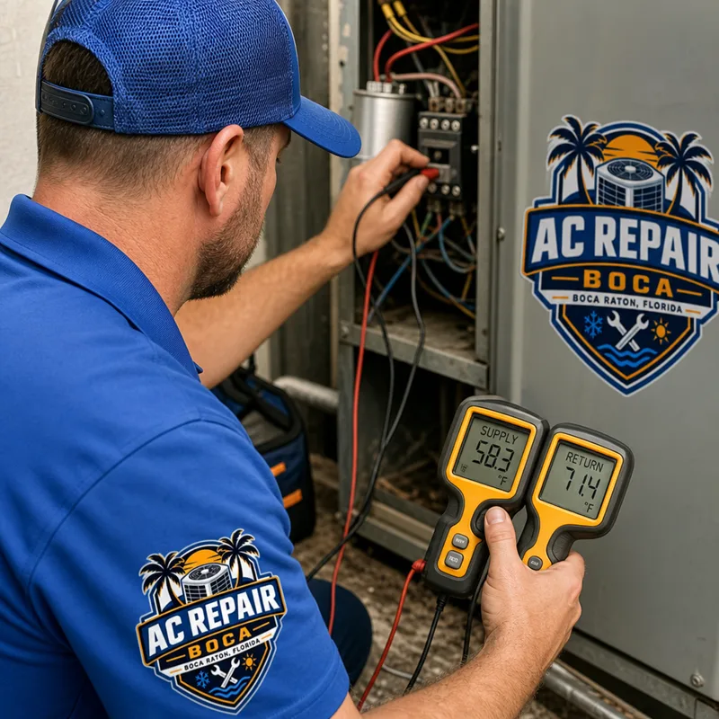 HVAC technician inspecting an air handler and measuring the temperature difference between supply and return air