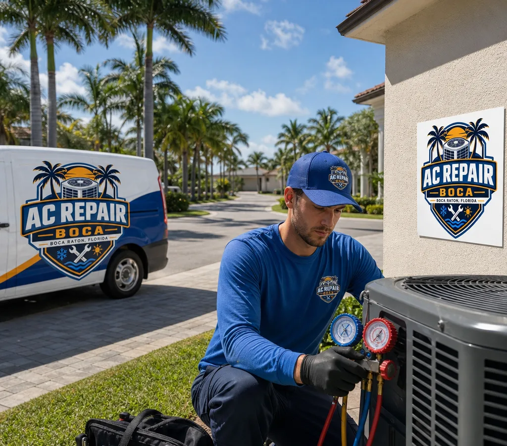 Technician servicing an outdoor condenser at a Boca Raton home with gauges connected and a palm-lined residential street behind him