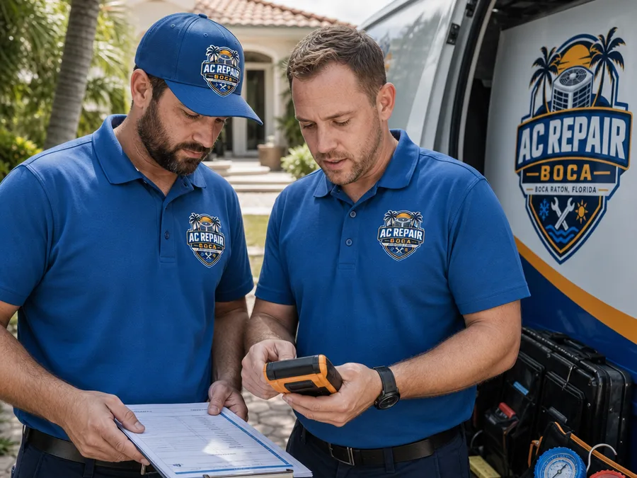Two HVAC technicians reviewing readings and a checklist beside a service van in Boca Raton