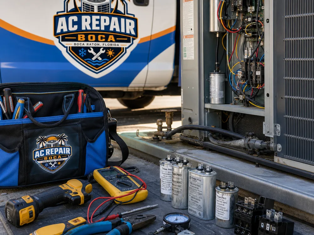 Organized service tools and electrical components beside an open condenser electrical panel